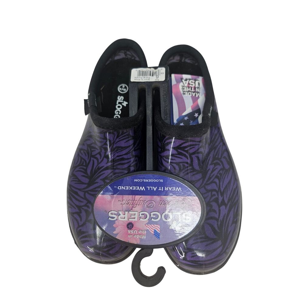 NEW Sloggers 6 Black Purple Floral Flower Garden Clog Waterproof Rubber Utility